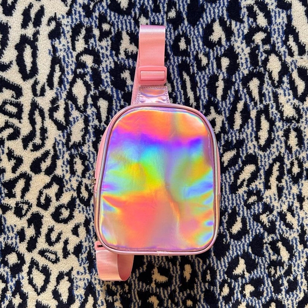 Pink holographic mini backpack with rainbow iridescent finish & butterfly zipper